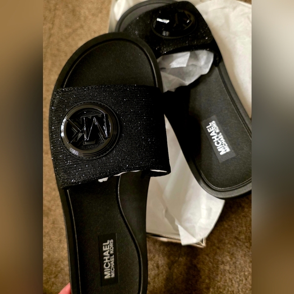 Michael Kors Shoes - Michael Kors Black Logo Embellished Slide Sandals